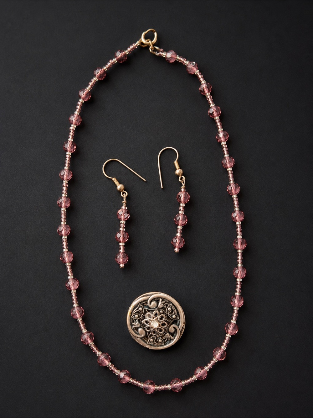 Women's Pink Beaded Necklace & Earring Set - Elegant Pink Crystal Jewelry